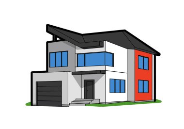 Modern ev klipsi sanatı. Bu resim, eşsiz bir çatı tasarımı, büyük pencereler ve gri, beyaz ve kırmızı dış renklere sahip çağdaş iki katlı bir evi gösteriyor. Çizim tasarımı.