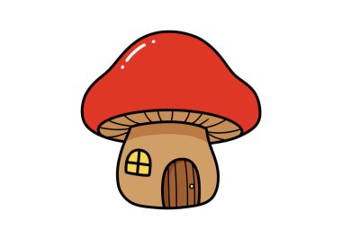 Mantar mantarı klipsleri. Kırmızı şapkalı, kahverengi saplı, sarı pencereli ve ahşap kapılı tuhaf bir mantar evi. Çizim tasarımı.