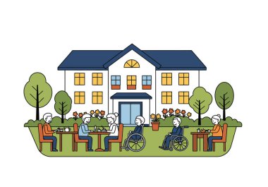 Huzurevi klip sanatı. Yaşlı insanlar, ağaçlar ve çiçeklerle çevrili bir bahçeyle bir bakımevinin dışında yemek yiyor ve sosyalleşiyorlar. Çizim tasarımı.