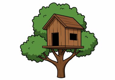 Ağaç evi klip sanatı. Çatı eğimli ve iki pencereli ahşap bir ağaç ev yeşil yapraklı bir ağacın üzerine inşa edilir. Çizim tasarımı.