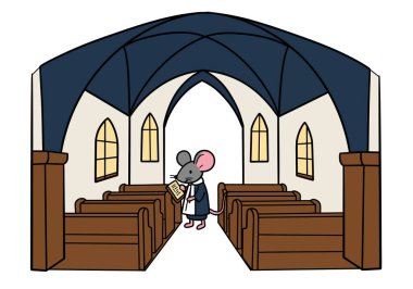 Kilise fare klipsi sanatı. Cübbe giymiş bir fare kilisenin içinde duruyor ve bir belge okuyor. Çizim tasarımı.