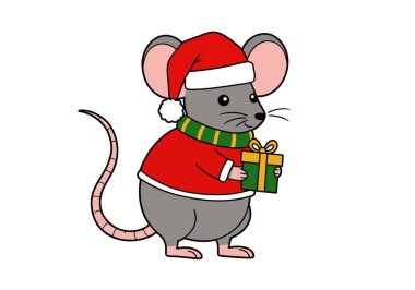 Noel fare klipsi sanatı. Noel Baba şapkası ve eşarp takan şirin bir fare hediye tutuyor. Çizim tasarımı.