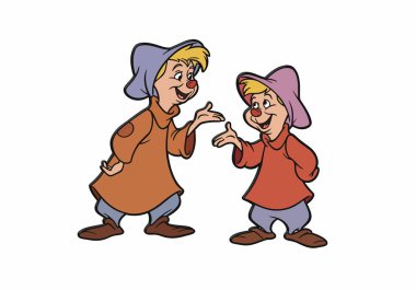Jaq ve Gus Clipart. İki çizgi film karakteri, Jaq ve Gus, renkli şapkalar ve kıyafetler giyiyorlar, elleriyle işaret ediyorlar. Çizim tasarımı.