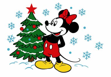 Mickey Mouse Noel klibi sanatı. Miki Fare süslerle süslenmiş ve etrafı kar taneleriyle çevrili bir Noel ağacının yanında duruyor. Çizim tasarımı.