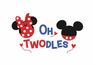 Oh Twodles klipsi. Bu resim Mickey ve Minnie Mouse 'un başlarını neşeli elementlerle çevrili neşeli bir yazı tipiyle gösteriyor. Çizim tasarımı.