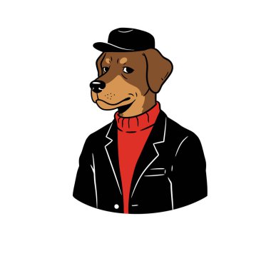 Köpek adam Clipart. Siyah ceket giyen bir köpek ve yüzü bulanık kırmızı balıkçı yaka kazak giyen bir köpek. Çizim tasarımı.