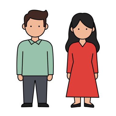 Erkek ve kadın klip sanatı. Yeşil gömlekli ve gri pantolonlu bir adam kırmızı elbiseli bir kadının yanında duruyor. Çizim tasarımı.
