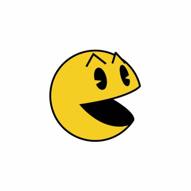 Pac Man klipsli sanat. Sarı yuvarlak vücutlu, siyah gözlü ve ağzı açık Pac-Man karakteri. Çizim tasarımı.