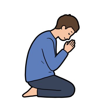 Kişi duası. Yansıtıcı bir dua duruşunda elleri sımsıkı bağlı bir insan. Çizim tasarımı.
