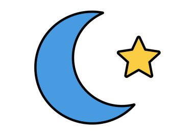 Hilal ve yıldız kümesi. Mavi bir hilal ve siyah çizgili sarı bir yıldız. Çizim tasarımı.