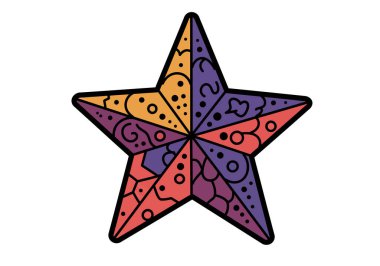 Sihirli yıldız tırmanışı. Bu resim, karmaşık desenleri ve tasarımları olan renkli bir yıldızı gösteriyor. Çizim tasarımı.
