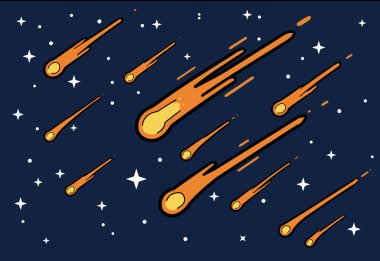 Meteor yağmuru klibi. Bu resim, yıldızlı bir gece gökyüzünde birden fazla göktaşı olan bir meteor yağmurunu gösteriyor. Çizim tasarımı.