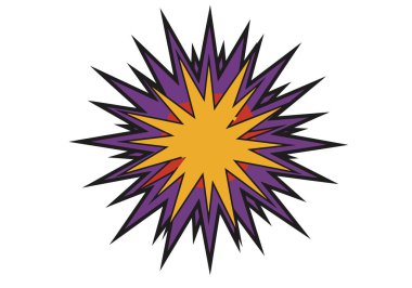 Yıldız patlaması sanatı. Bu resim, sarı, mor ve kırmızı kenarları sivri, sivri uçlu renkli bir yıldız patlaması gösteriyor. Çizim tasarımı.