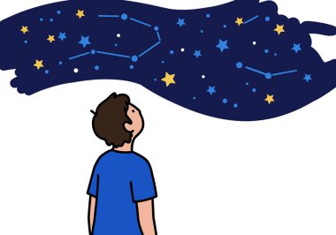Yıldızlara bakma klip sanatı. Bir insan yıldızlarla ve takımyıldızlarla dolu gece gökyüzüne bakıyor. Çizim tasarımı.