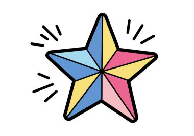 Parıltı klipsi sanatı. Bu resim mavi, sarı, pembe, açık mavi ve açık pembe renkli geometrik bölümleri olan beş köşeli bir yıldızı gösteriyor. Çizim tasarımı.