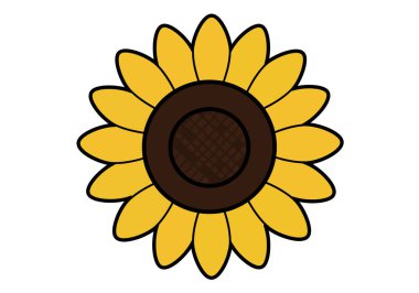 Bir ayçiçeğinin kesme sanatı. Bu resim, doğayı, güzelliği ve sıcaklığı sembolize eden sarı yapraklı ve kahverengi merkezli bir ayçiçeğini gösteriyor. Çizim tasarımı.