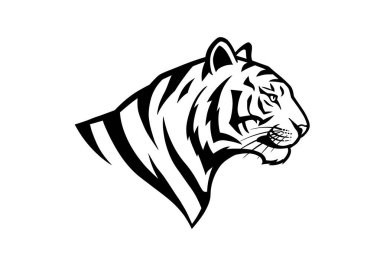 Kaplan logosu sanatı. Bu resim, profil görünümünde bir kaplanın kafasının stilize edilmiş siyah beyaz vektör çizimini gösteriyor. Çizim tasarımı.