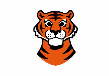 Aubie clipart. Bu resim, kalın siyah çizgileri ve turuncu ve beyaz renk düzeniyle biçimlendirilmiş bir kaplan kafası gösteriyor. Çizim tasarımı.