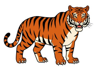 Bengal kaplan klipsi sanatı. Turuncu kürklü ve siyah çizgili Bengal kaplanı, dört ayak üstünde, ağzı biraz açık duruyor. Çizim tasarımı.