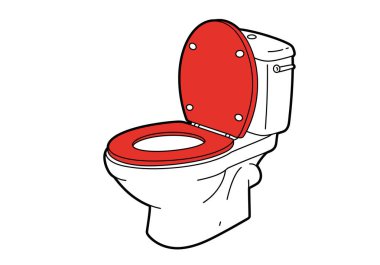 Sanat eseri klozet kapağı. Kırmızı kapaklı tuvalet, beyaz kase ve akvaryum. Çizim tasarımı.