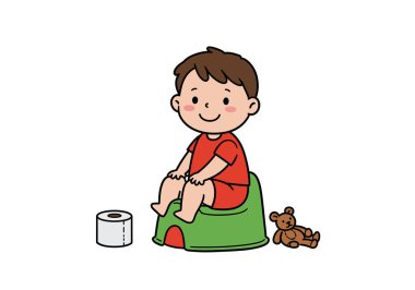 Güzel klozet eğitimi klibi. Yanında bir oyuncak ayı ve tuvalet kağıdı olan yeşil bir lazımlığın üzerinde oturan bir çocuk. Çizim tasarımı.