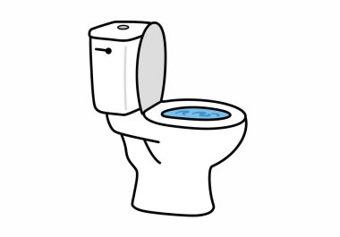 Clipart sifonu çek. Bu resim mavi su dolu bir kase ve saplı bir tankı olan beyaz bir tuvalet gösteriyor. Çizim tasarımı.