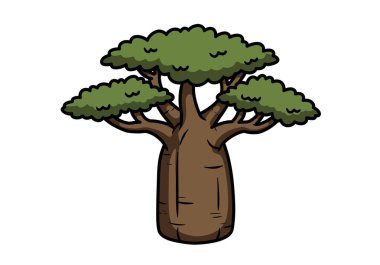 Baobab ağacı klipsi sanatı. Bu resim kalın gövdeli ve geniş, yeşil gölgelikli stilize bir baobab ağacını gösteriyor. Çizim tasarımı.