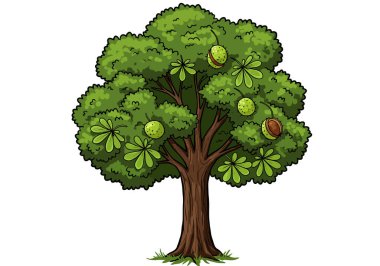 Kestane ağacı klipsi. Yeşil yapraklı ve kestaneli bir ağaç. Çizim tasarımı.