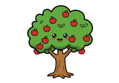 Şirin bir elma ağacı parçası. Kırmızı elmalar ve yeşil yapraklarla gülümseyen bir ağaç. Çizim tasarımı.