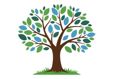 Aile toplantısı ağacı kırpması. Bu resim yeşil ve mavi tonlarında çok renkli yaprakları olan stilize edilmiş bir ağacı gösteriyor. Çizim tasarımı.