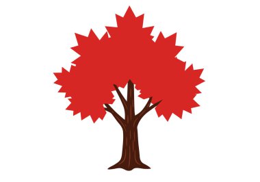 Akçaağaç klipsi sanatı. Kırmızı yaprakları olan kahverengi bir ağaç gövdesi. Çizim tasarımı.