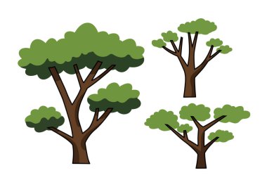 Klişe ağaç dalları. Yeşil yapraklı ve kahverengi gövdeli üç stilize ağaç. Çizim tasarımı.
