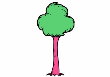 Truffula ağacı klipsi sanatı. Pembe gövdesi ve kabarık yeşil yaprakları olan tuhaf bir ağaç. Çizim tasarımı.