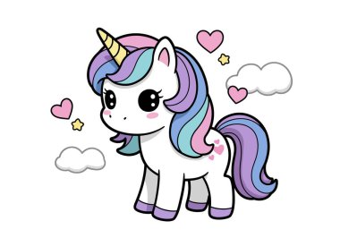 Kawaii tek boynuzlu atı. Gökkuşağı yeleli, kalpli, yıldızlı ve bulutlu şirin tek boynuzlu at. Çizim tasarımı.