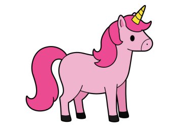 Pembe tek boynuzlu at klipsi. Sarı boynuzlu, pembe yeleli ve kuyruklu şirin pembe bir tek boynuzlu at. Çizim tasarımı.