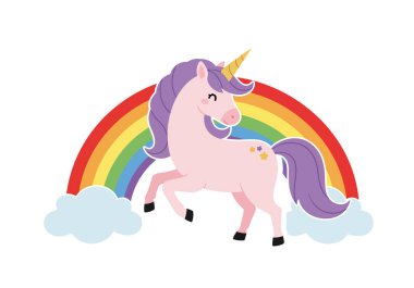 Tek boynuzlu at ve gökkuşağı klipsi. Mor yeleli ve kuyruklu pembe bir tek boynuzlu at, bulutlu bir gökkuşağının önünde hoplayıp zıplıyor. Çizim tasarımı.