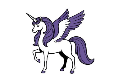 Alicorn klipsi. Mor yeleli, kuyruklu ve kanatlı beyaz bir boynuzlu at. Tek bacağı havada, üç ayak üzerinde duruyor. Çizim tasarımı.