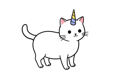 Caticorn klipsi. Bu resim boynuzlu şirin beyaz bir kedi gösteriyor. Çizim tasarımı.