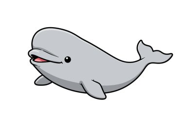 Beluga balina klipsi sanatı. Gri gövdeli ve siyah çizgili sevimli ve gülümseyen bir beyaz balina. Çizim tasarımı.