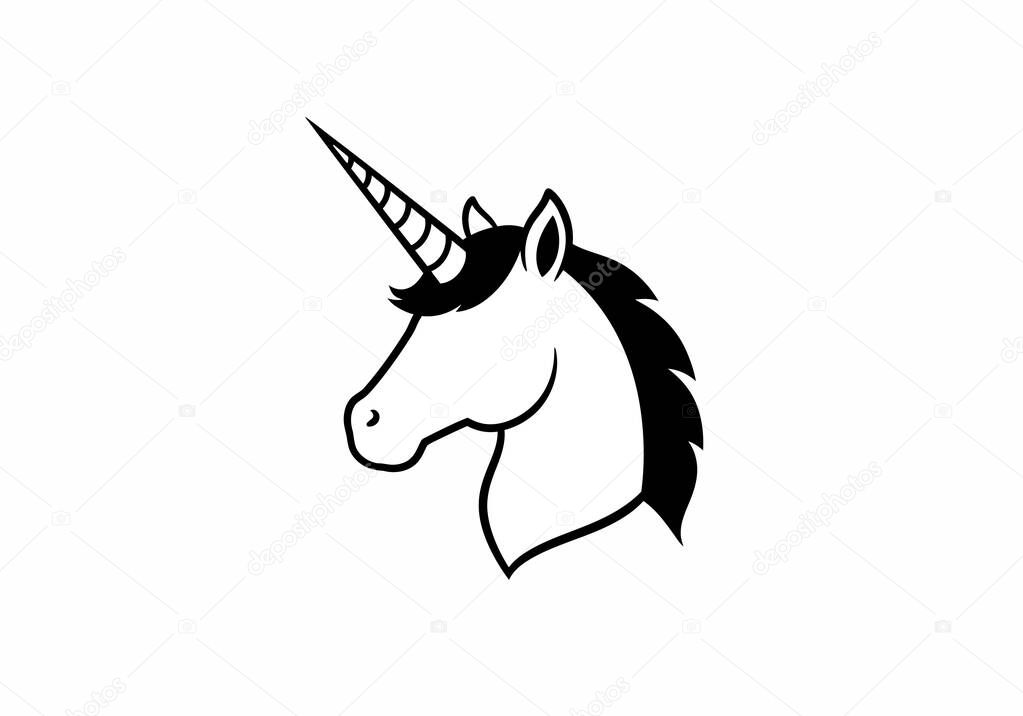 Unicorn head black white clipart. This image shows a black and white vector illustration of a unicorn head with a prominent horn and mane. Illustration design.