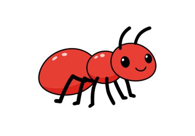 Kırmızı karınca klipsi. Bu resim büyük gözlü ve altı bacaklı sevimli, gülümseyen kırmızı bir karınca gösteriyor. Çizim tasarımı.