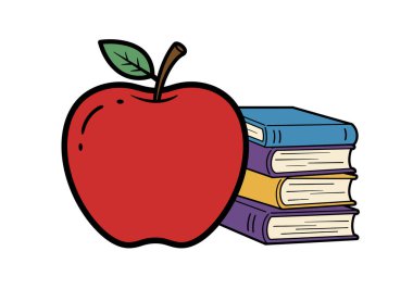 Elma ve kitaplar tırmanıyor. Yeşil yapraklı ve kahverengi saplı kırmızı bir elma mavi, mor ve sarı kapaklı üç kitaptan oluşan bir yığının yanına yerleştirilir. Çizim tasarımı.
