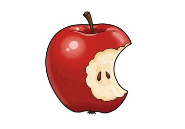 Isırılmış elma parçası. Tohumları ve çekirdeği gösteren, ısırılmış kırmızı bir elma. Çizim tasarımı.