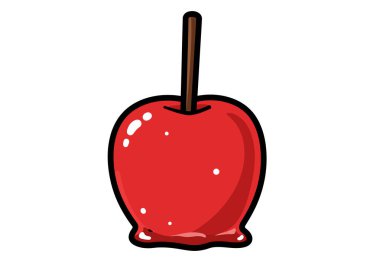 Elma şekeri sanatı. Karamel kaplı bir elma ve tepesine bir sopa yerleştirilmiş. Çizim tasarımı.