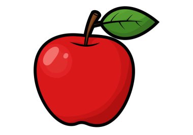 Mansanas klipsi. Bu resim yeşil yapraklı ve kahverengi saplı parlak kırmızı bir elma gösteriyor. Çizim tasarımı.