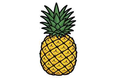 Ananas klipsi sanatı. Bu resim yeşil yapraklı ve sarı gövdeli bir ananasın ayrıntılı ve renkli bir çizimini gösteriyor. Çizim tasarımı.