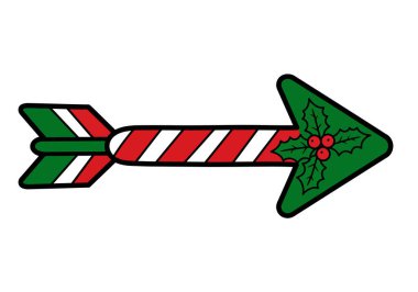 Noel ok klipsi sanatı. Bu resim kırmızı, beyaz ve yeşil çizgili neşeli bir ok ve meyveli kutsal yaprakları gösteriyor. Çizim tasarımı.
