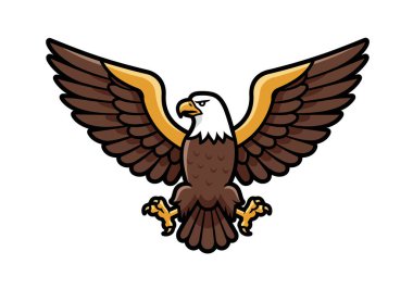 Kel kartal klipsi sanatı. Kanatları açık, beyaz kafalı, sarı gagalı ve kahverengi tüylü kel bir kartal. Çizim tasarımı.