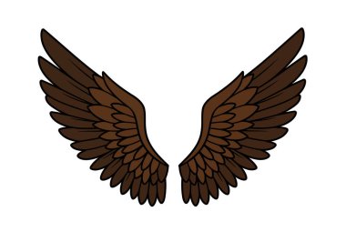 Klip sanatının kartal kanatları. Detaylı tüyleri olan kahverengi kartal kanatları simetrik olarak açılır. Çizim tasarımı.