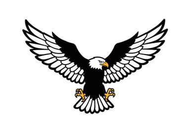 Kartal siyah beyaz klipsi. Bu görüntü, tüylerini ve pençelerini gösteren, geniş kanatları olan kel bir kartalı gösteriyor. Çizim tasarımı.